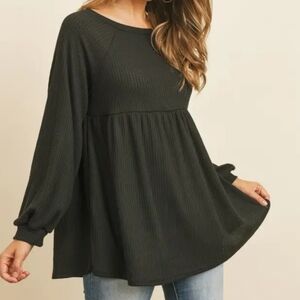 **LAST TWO** Black Babydoll Long Sleeve Waffle Shirt